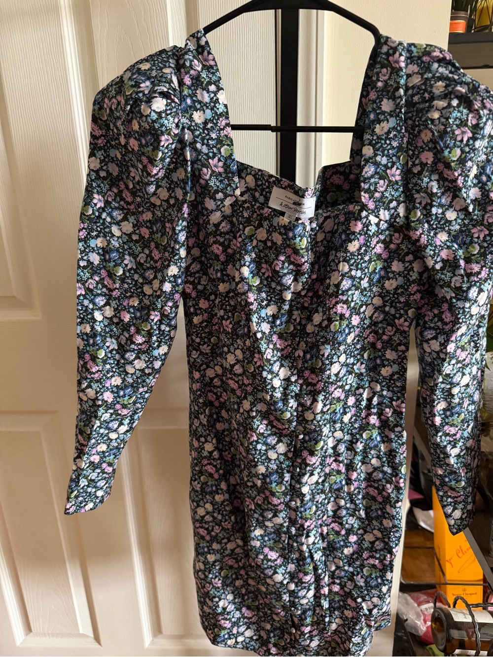 & Other Stories Black Floral Mini Dress with Pink and Blue Blooms